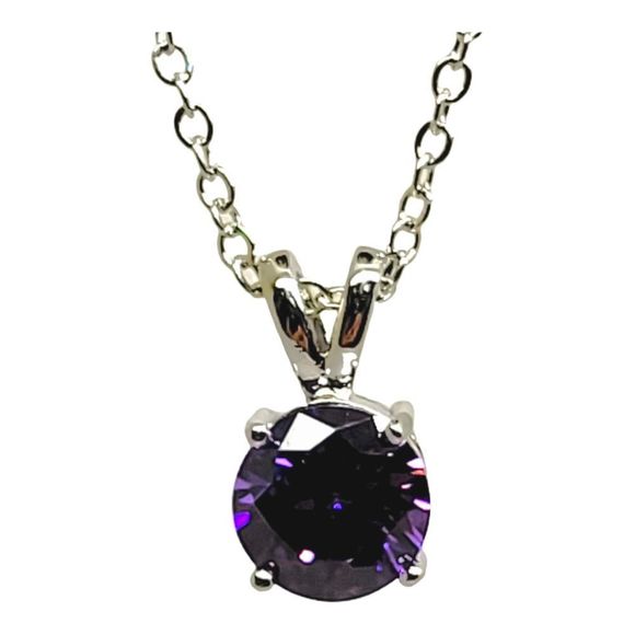 Rhodium Plated Silver 2ct Round Amethyst Solitaire Pendant 16-18" Rolo Chain - Picture 3 of 6